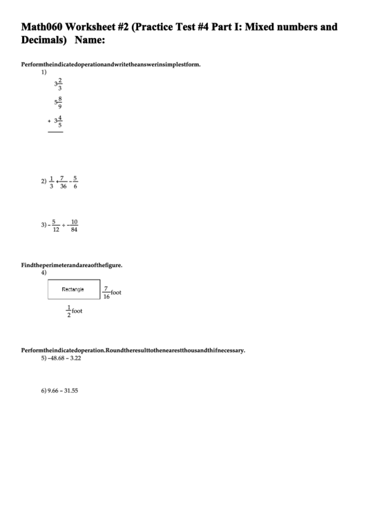 Math Practice Test Mixed Numbers And Decimals printable pdf download