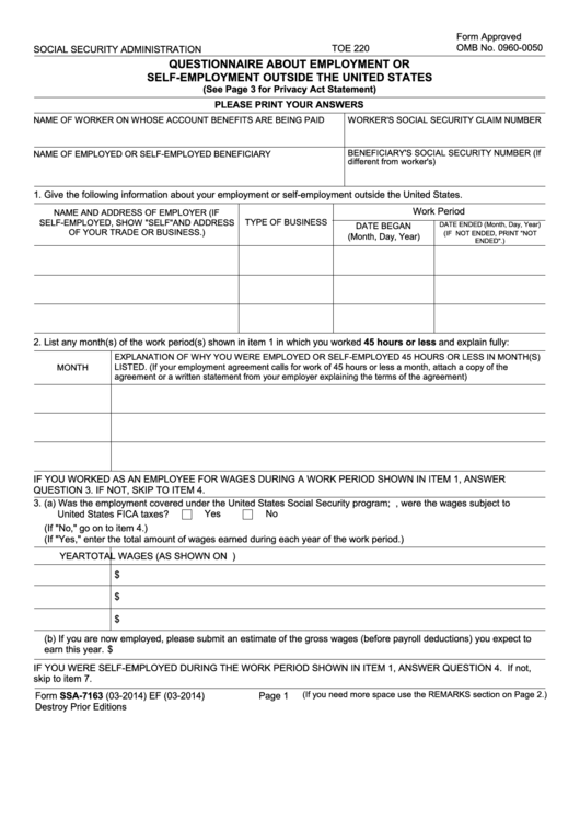 Fillable Questionnaire About Employment Or Self-Employment Outside The United States Printable pdf