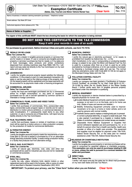 Fillable Form Tc-721 - Exemption Certificate Printable pdf