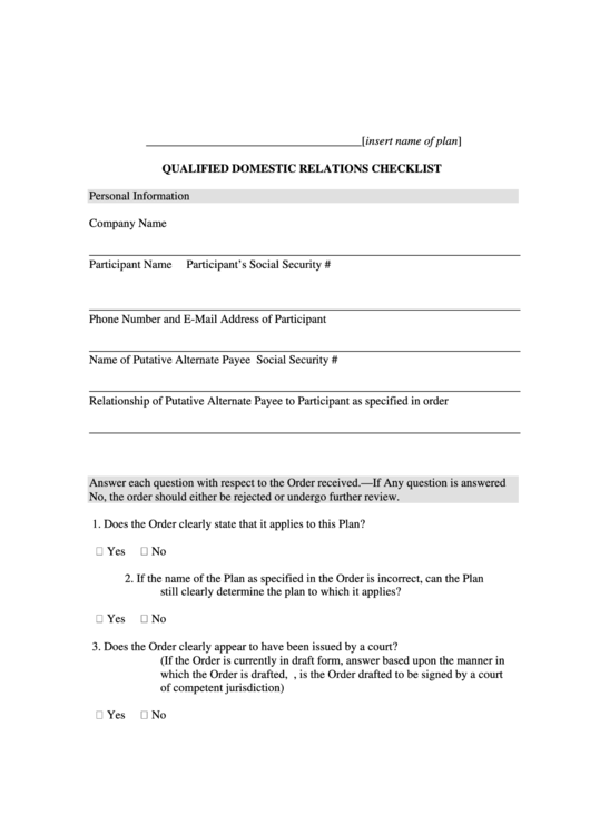 Qualified Domestic Relations Checklist Printable pdf