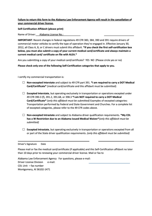 Self-Certification Affidavit Printable pdf
