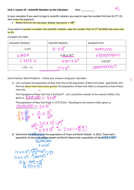 Scientific Notation On The Calculator Worksheet Printable pdf
