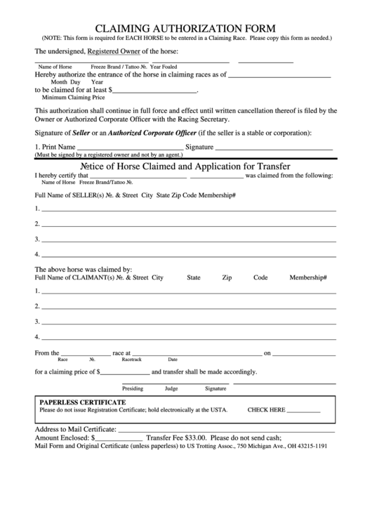 Claiming Authorization Form - Scarborough Downs Printable pdf