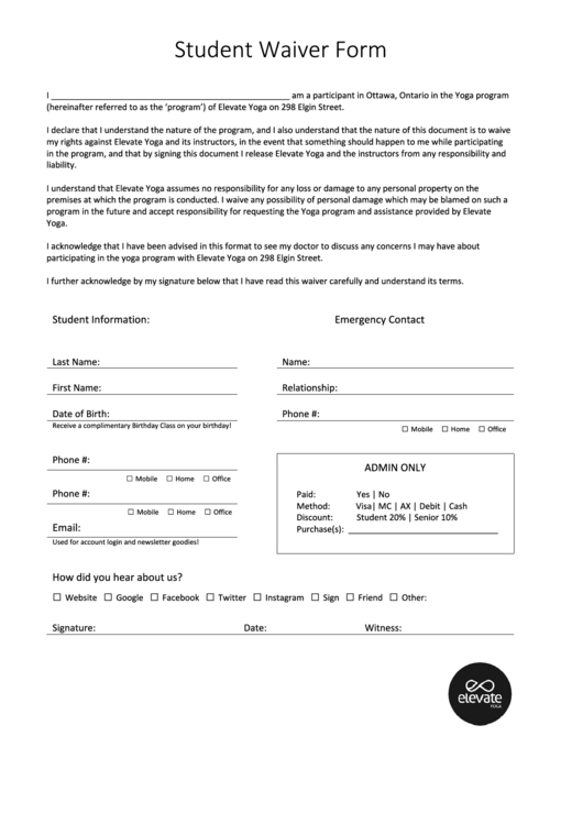 Student Waiver Form Elevate Yoga printable pdf download