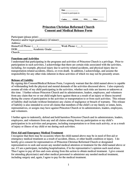 Princeton Christian Reformed Church Permission/waiver Form Printable pdf