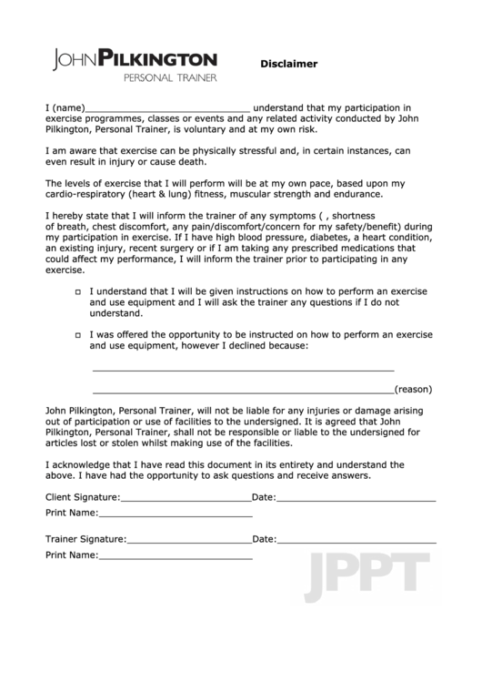 Waiver Form - John Pilkington Personal Trainer Printable pdf