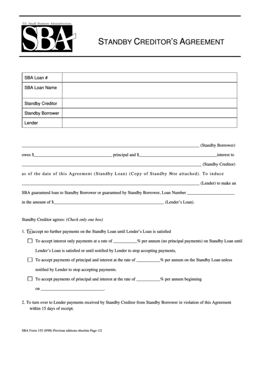 Fillable Sba Form 155 - Standby Creditor