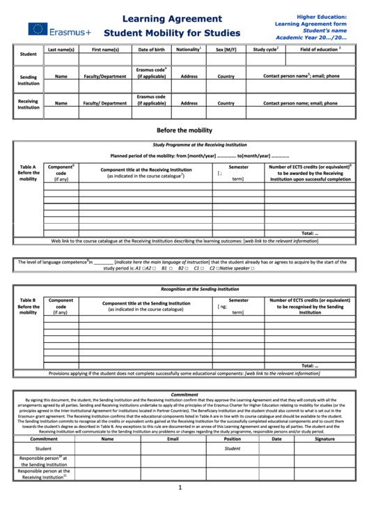 Learning Agreement - Student Mobility For Studies Printable pdf