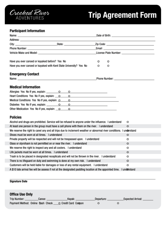 Trip Agreement Form Printable pdf