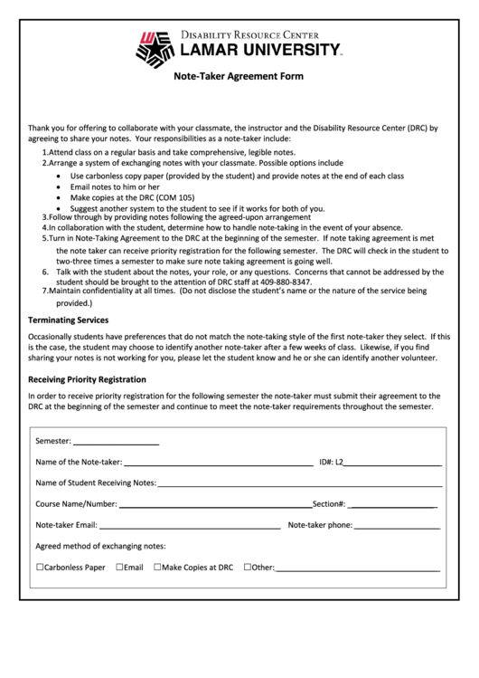 Note Taker Agreement Form Printable pdf