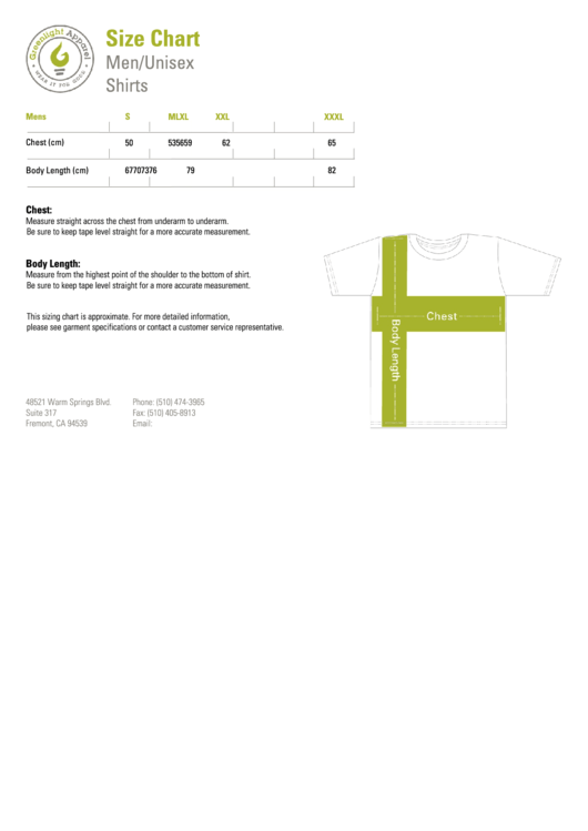 Greenlight Apparel Men/unisex Shirts Size Chart Printable pdf