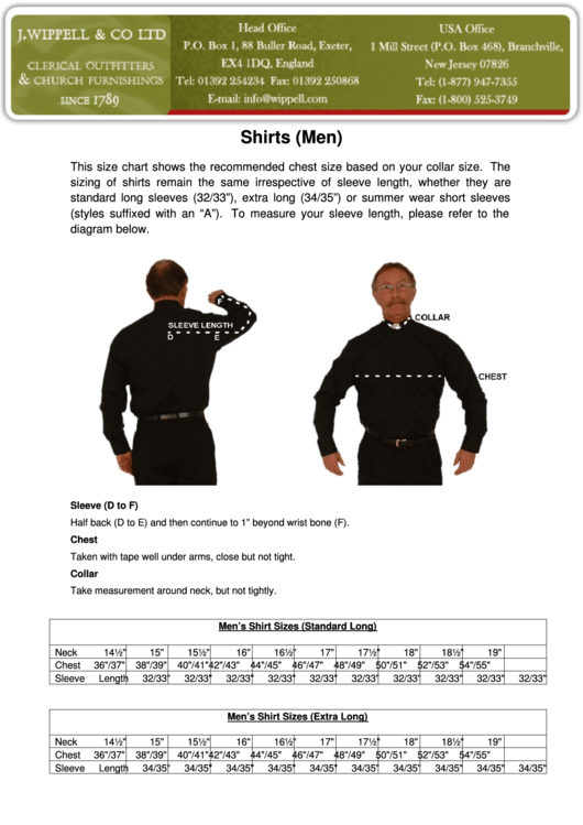 J. Wippel & Co Ltd. Mens Shirt Size Chart printable pdf download