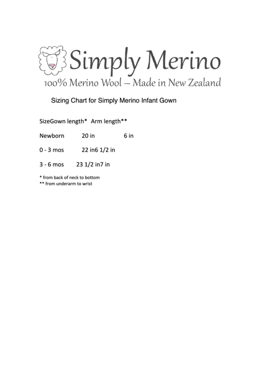 Sizing Chart For Simply Merino Infant Gown Printable pdf