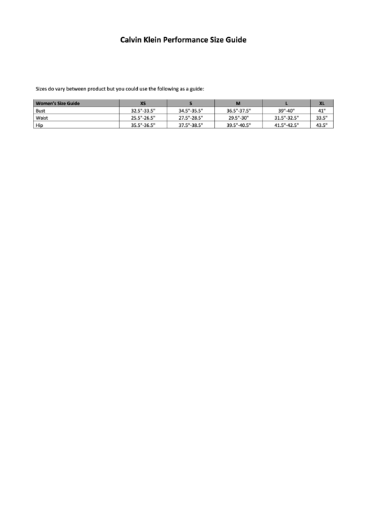 Calvin Klein Performance Size Guide Printable pdf