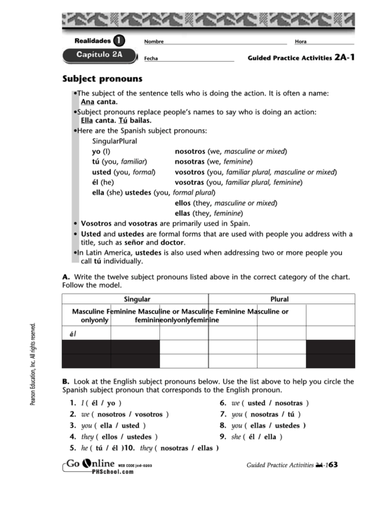 Subject Pronouns Worksheet Printable pdf