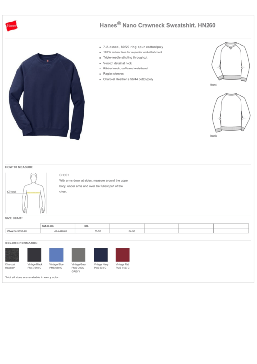 Hanes Nano Crewneck Sweatshirt Size Chart Printable pdf