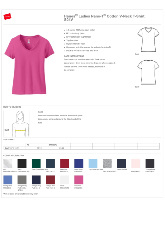 Hanes Ladies Nano-T Cotton V-Neck T-Shirt Size Chart Printable pdf