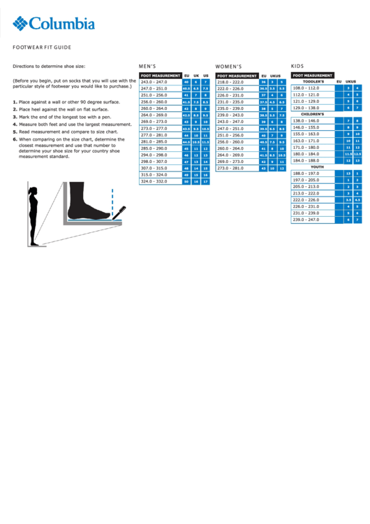 Columbia Foot Wear Fit Guide & Size Chart