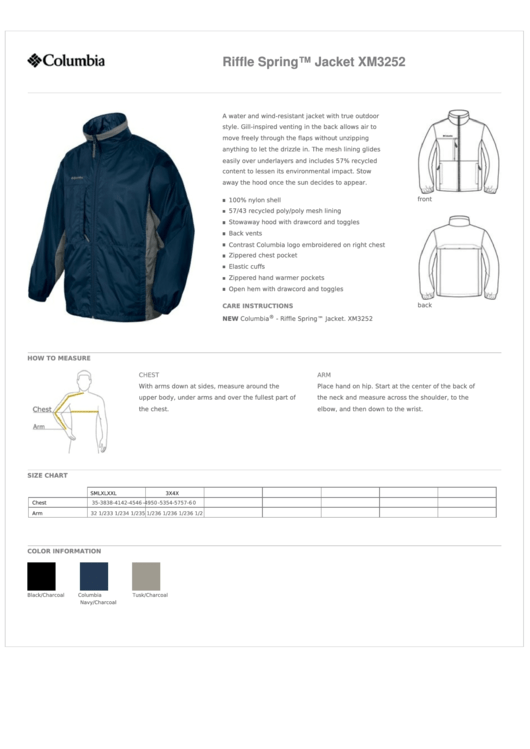 Columbia Riffle Spring Jacket Size Chart