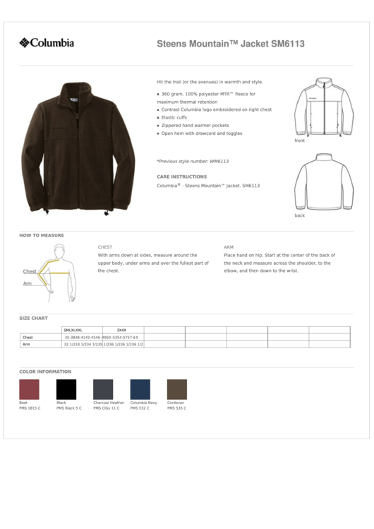 Columbia Steens Mountain Jacket Size Chart Printable pdf