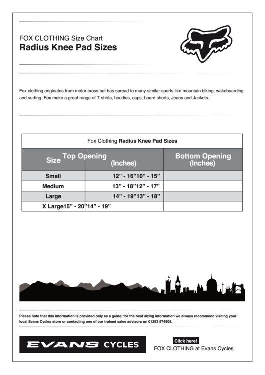 Radius Knee Pad Size Chart Printable pdf