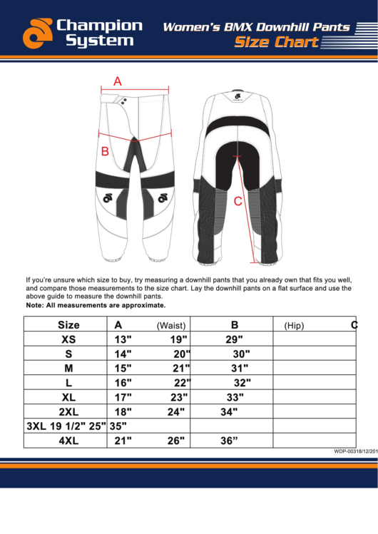 Champion System Women's Bmx Downhill Pants Size Chart