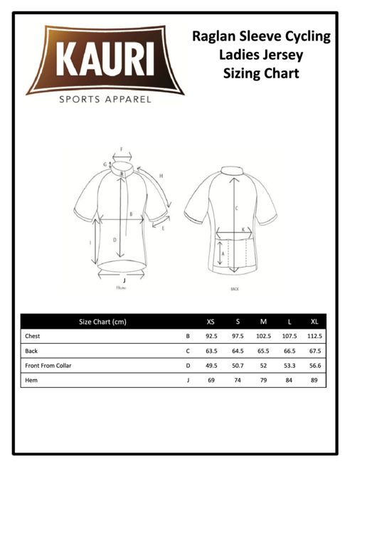 Kauri Raglan Sleeve Cycling Ladies Jersey Sizing Chart Printable pdf