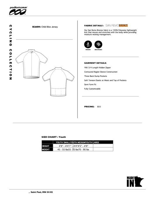 Podiumwear Child Bike Jersey Size Chart Printable pdf
