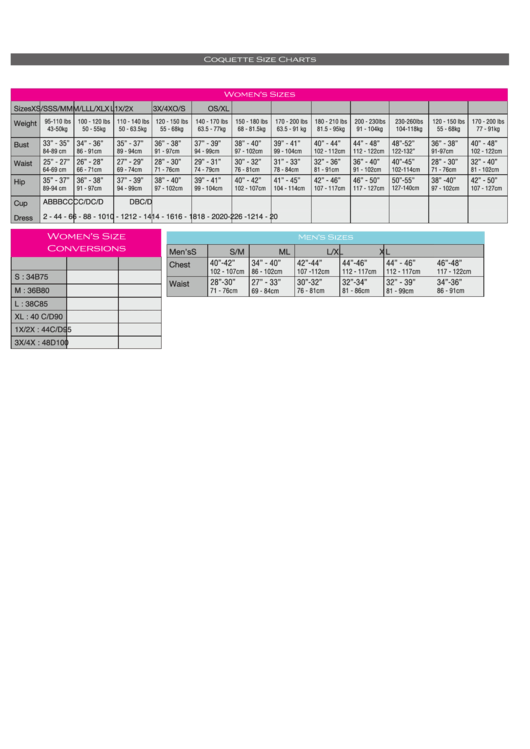 Coquette Lingerie Size Chart Printable pdf
