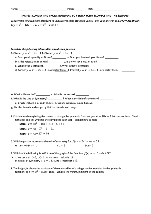 Converting From Standard To Vertex Form Worksheet Template Printable pdf