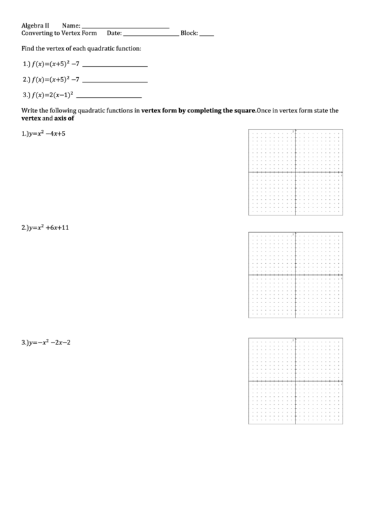 Converting To Vertex Form Printable pdf