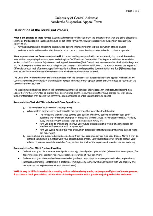 Academic Suspension Appeal Form - University Of Central Arkansas Printable pdf