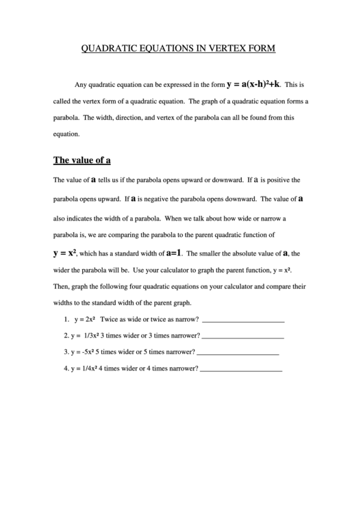 Quadratic Equations In Vertex Form - Education Ti Printable pdf