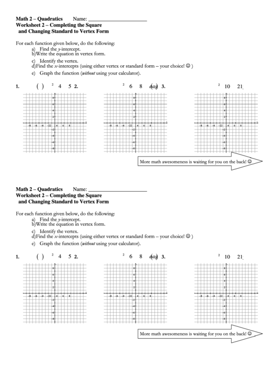 Completing The Square And Changing To Vertex Form Printable pdf
