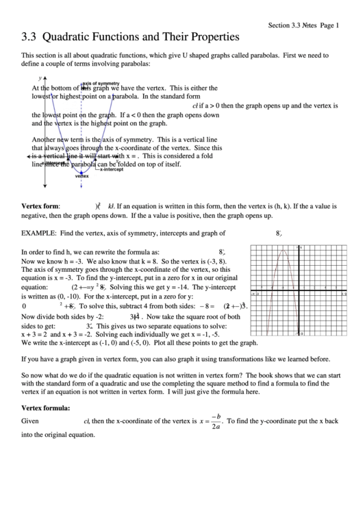 Quadratic Functions And Their Properties Printable pdf