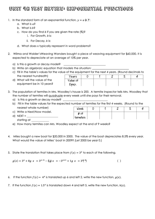 Exponential Functions Worksheet Printable pdf