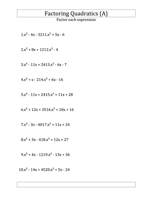 Factoring Quadratics Printable pdf