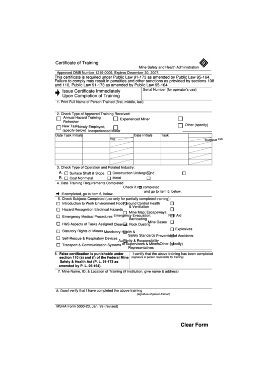Fillable Msha Form 5000-23 - Certificate Of Training Printable pdf