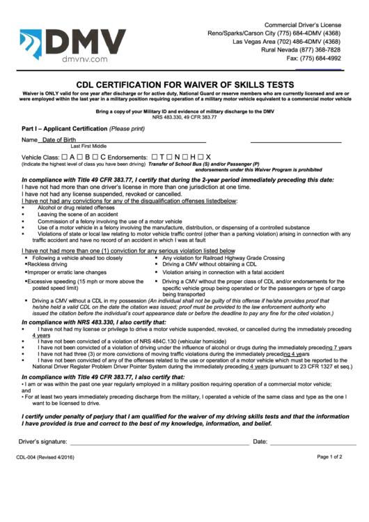 Fillable Cdl Certification For Waiver Of Skills Tests Printable pdf