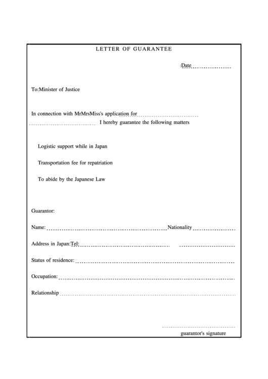 Letter Of Guarantee Printable pdf