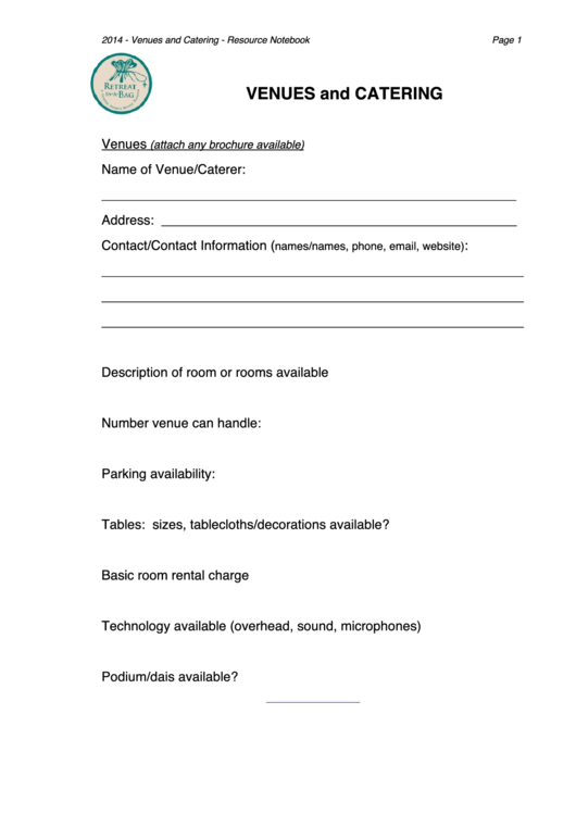 Venue Catering Information Sheet Printable pdf