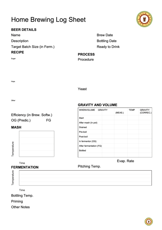 Home Brewing Log Sheet Printable pdf