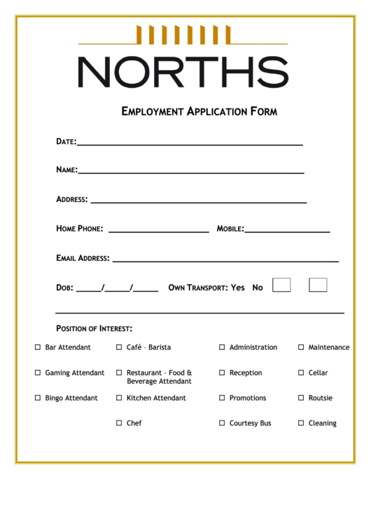 Norths Employment Application Form Printable pdf