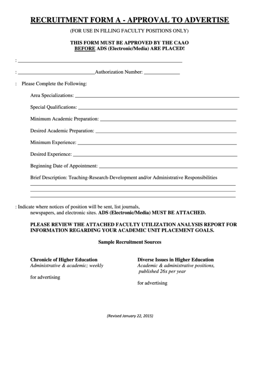 Fillable Recruitment Form A - Approval To Advertise Printable pdf
