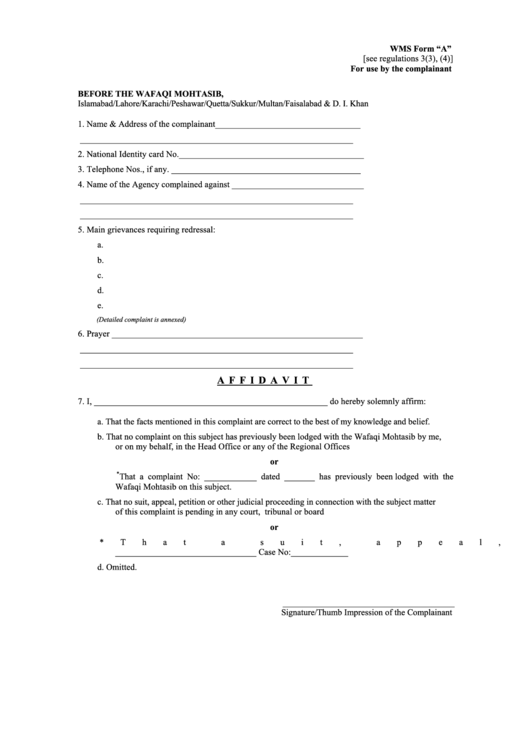 Wms Form A - Affidavit Printable pdf