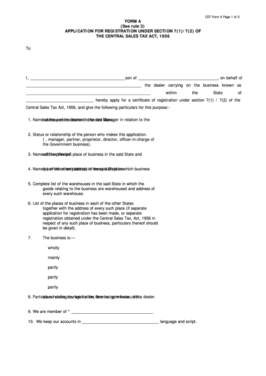 Form A - Application For Registration Under Section 7(1)/7(2) Of The Central Sales Tax Act, 1956 Printable pdf
